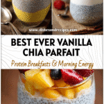 Glass parfait layered with vanilla Smooth Chia Pudding, yogurt, and fruit as a Sugar Free Chia Pudding dessert.